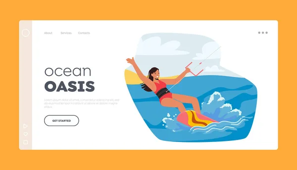 Kite Surfing Landing Page Template Mulher Usando Pipa Para Aproveitar — Vetor de Stock