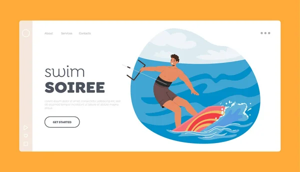 Swim Soiree Modelo Página Desembarque Esportista Personagem Kite Surf Ondas — Vetor de Stock