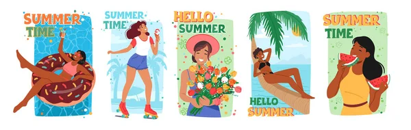 明るい夏の時間のポスターは 陽気な女性のキャラクターが夏のアクティビティを楽しんでいます プールでリラックス 家やオフィスを飾るための完璧なバナー 漫画人ベクトルイラスト — ストックベクタ