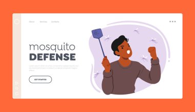 Mosquito Defense Landing Page Template. Man With Fly Swatter Aggressively Hits Mosquito In Mid-air. Male Character Fighting with Insects, Protecting from Bites. Cartoon People Vector Illustration clipart