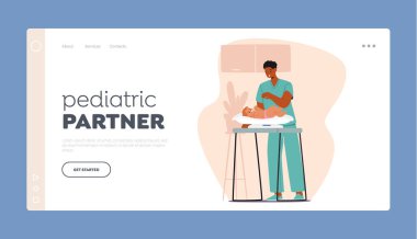 Pediyatrik Partner İniş Şablonu. Pediyatrist, bebeği pist büyümesi için tartıyor ve gelişimini sağlama alıyor. Doktor Erkek Karakteri Ölçümler için Ölçek Kullan. Çizgi film İnsanları Vektör İllüstrasyonu