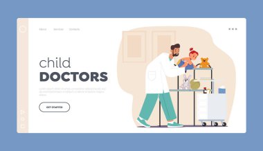 Çocuk Doktorları İniş Şablonu. Pediyatrist Erkek Karakter Yöneticileri Hastalıklara Karşı Koruma İçin Bebeğe Aşılar Yapıyor. Doktor, Çocuk Sağlığını İzle. Çizgi film İnsanları Vektör İllüstrasyonu