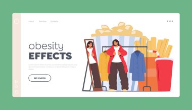 Obezite Efektleri İniş Sayfa Şablonu. Şişman kadın dar elbiseler giymeye çalışıyor, çekiştiriyor, aynada kendini görmek için çabalıyor. Kadın Karakter Alışverişi. Çizgi film İnsanları Vektör İllüstrasyonu