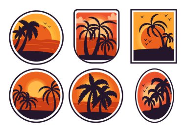 Tropikal Rozetler Seti, Günbatımına Karşı Palmiye Ağacı Silüetleri içeren Retro Tasarım Kıyı Yaşamı ve Egzotik Yamalar 'ın cazibesini somutlaştırıyor. Çizgi film Vektör İllüstrasyonu