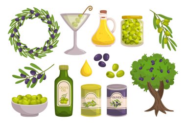 Zeytin ve zeytin ürünleri hazır. Yeşil ve siyah zeytin, yağ şişesi, çelenk, dal ve ağaç. Akdeniz Mutfağı Tutkunları, Tatlar ve Aromalar İçin İkonalar. Çizgi film Vektör İllüstrasyonu