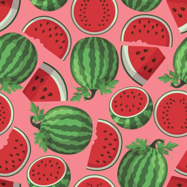 Kusursuz karpuz deseni, canlı ve taze arka plan tasarımı dilimler ve tüm bitkilerle, serinletici serinletici meyve dilimleri, tohumlar, ve oyuncu sükse estetiği. Çizgi film Vektör İllüstrasyonu