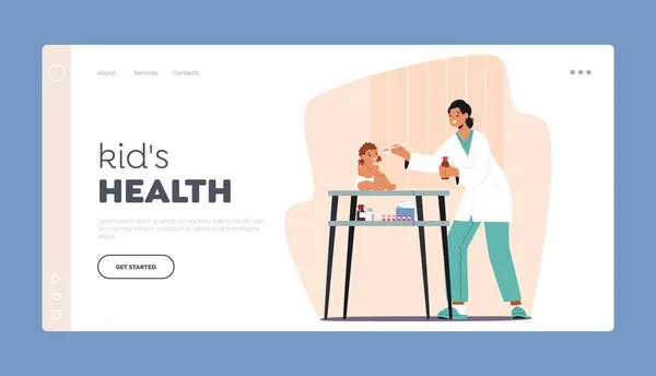 Kids Health Landing Page Vorlage Kinderarzt Weiblichen Charakters Untersucht Baby — Stockvektor