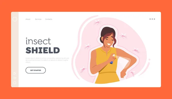 Insect Shield Landing Page Template Vrouw Sproeit Muggenspray Afstotend Insecten — Stockvector