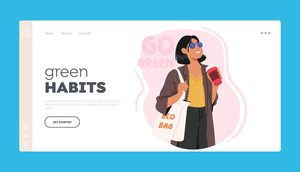 Groene Habits Landing Page Template Vrouw Die Een Herbruikbare Tas — Stockvector