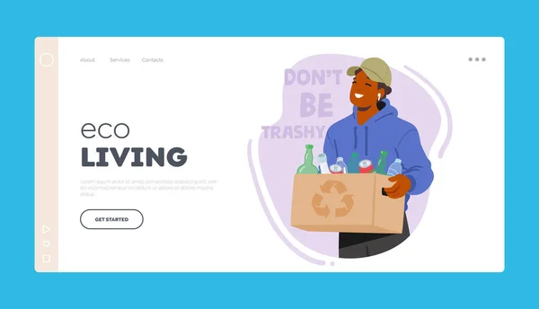 Eco Living Landing Page Template Man Character Carry Box Met — Stockvector