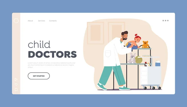 Šablona Přistávací Stránky Dětských Doktorů Pediatr Mužská Postava Aplikuje Vakcíny — Stockový vektor