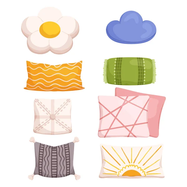 Travesseiros Macios Decorativos Com Vários Padrões Cores Perfeitos Para Adicionar — Vetor de Stock