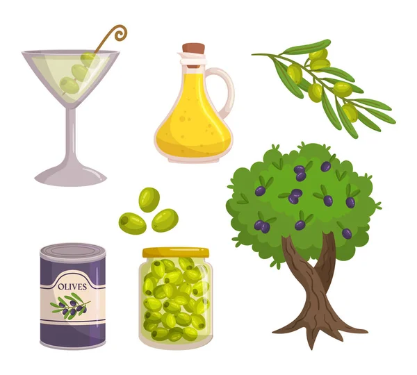 Ensemble Produits Olive Huile Martini Olives Marinées Boîte Conserve Assortiment — Image vectorielle