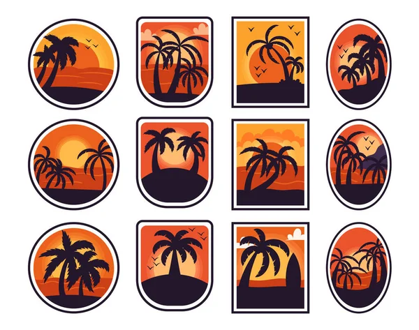 Tropical Sunset Badges Set Silhouetted Palm Trees Vibrant Orange Dusk — Διανυσματικό Αρχείο