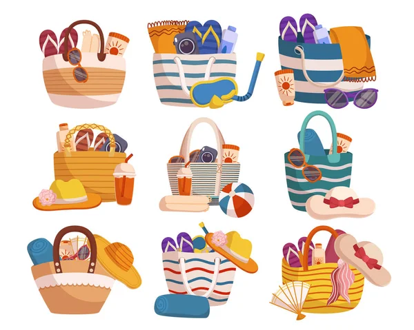 Bunte Strandtaschen Set Vorhanden Vibrierende Geräumige Vielseitige Taschen Die Perfekt — Stockvektor