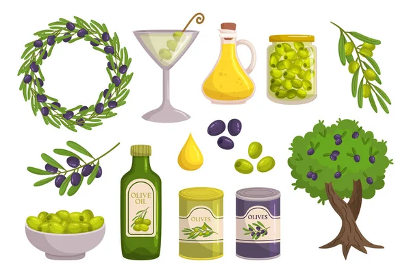 올리브와 올리브 제품을 Green Black Olives Oil Bottle Wreath Branch — 스톡 벡터