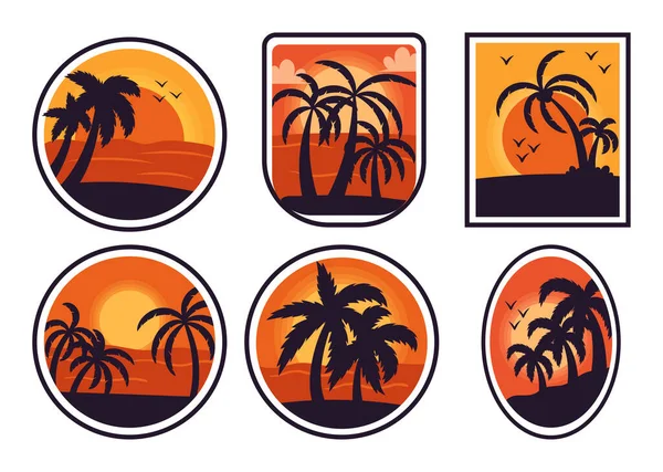 Tropical Badges Set Retro Design Featuring Palm Tree Silhouettes Sunset — Stock Vector