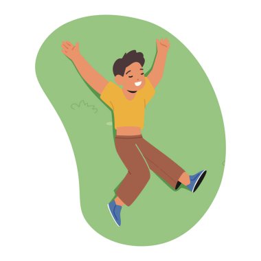 Çocuk yukarıdan yemyeşil çayır manzarasında dinleniyor. Huzurlu ve huzurlu, Doğanın güzelliğiyle çevrili. Küçük Çocuk Karakteri Sükunet ve Yaz 'ın tadını çıkarıyor. Çizgi film İnsanları Vektör İllüstrasyonu