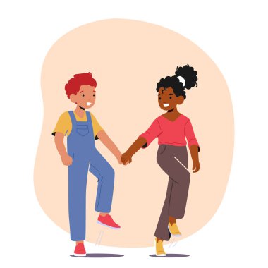 Küçük oğlan ve kız mutlu bir şekilde birlikte dolaşır, elleri birbirine dolanır, masumiyetlerini ve dostluklarını gösterirler. Çocuk Karakterleri İyi Davranışlar. Çizgi film İnsanları Vektör İllüstrasyonu