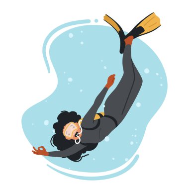 Deneyimli Dalgıç Kadın Karakteri Sualtı Harikalarını Keşfeder, Deniz Yaşamını ve Gizli Hazineleri Keşfeder. Sualtı Dünyası 'nın derinliklerinde ustalıkla manevra yapmak. Çizgi film İnsanları Vektör İllüstrasyonu