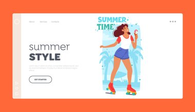 Summer Style İniş Şablonu. Mutlu kadın plajda dondurma ile paten kayıyor. Kadın Karakter, Asfalt boyunca süzülürken ferahlatıcı bir ziyafetin tadını çıkarıyor. Çizgi film İnsanları Vektör İllüstrasyonu