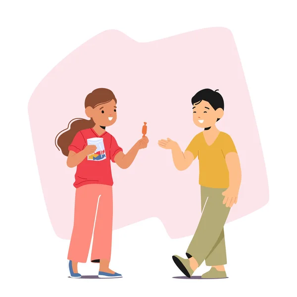Little Girl Sharing Candy Friend Sweet Gesture Friendship Lycka Vänlighet — Stock vektor