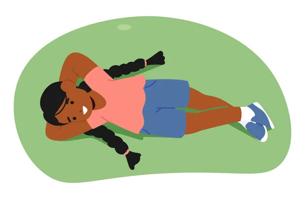 Little African American Girl Pigtails Peacefully Lying Green Meadow View — Stock Vector