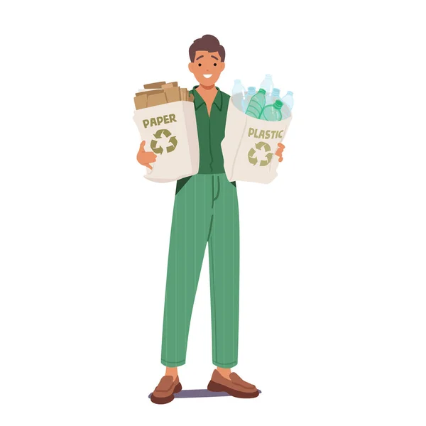 Personagem Masculino Que Prende Eco Sacos Com Papel Classificado Resíduos —  Vetores de Stock