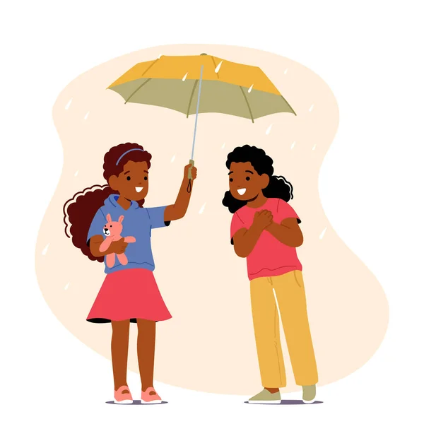 Маленькая Девочка Приглашает Друга Зонтиком Персонажи Теплая Улыбка Общий Смех — стоковый вектор