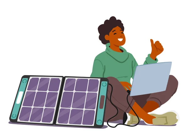 Kobieta Wykorzystująca Energię Słoneczną Zasilania Laptopa Kobieta Postać Pracuje Wydajnie — Wektor stockowy