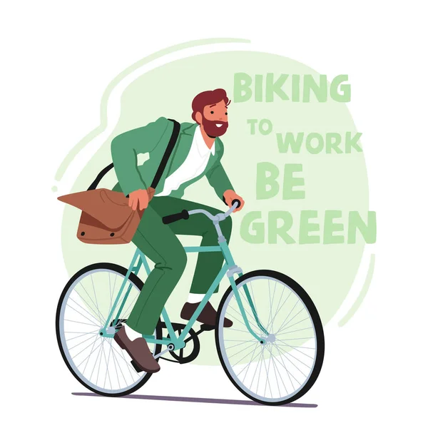 环保人士骑单车为可持续发展和健康而工作 减少碳足迹和提倡健康的生活方式 男主角骑自行车 卡通人物矢量图解 — 图库矢量图片
