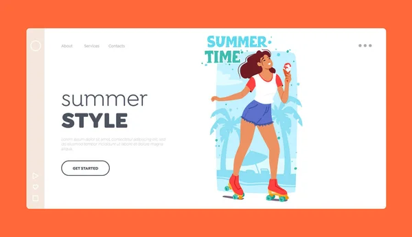 Summer Style Landing Page Template Happy Woman Rollerblading Beach Ice — Stock Vector