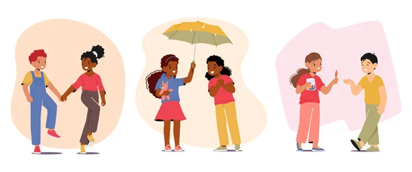 Sweets Veya Şemsiye Paylaşmak Diğerlerine Yardım Etmek Birlikte Yürümek Nezaket — Stok Vektör