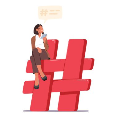 Kocaman kırmızı etiket üzerinde oturan, sosyal medyanın ve uçsuz bucaksız dijital dünyanın etkisini sembolize eden akıllı telefonlu küçük bir kadın. Kadın Karakter Paylaşım İçeriği. Çizgi film İnsanları Vektör İllüstrasyonu