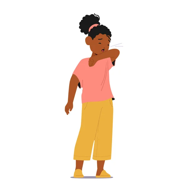 アフリカ系アメリカ人の子供のくしゃみとエルボーに咳 伝染病の症状を持つ子供 生殖器を広げる 休息のための少女文字の必要性 医学的注意 漫画人ベクトルイラスト — ストックベクタ
