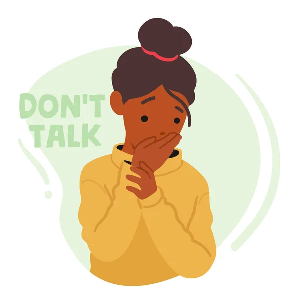 stock vector Dont Talk Concept. Worried African American Girl Cover Mouth with Hand. Little Child Character Dont Speak, Stop Talking, Shh, Keep Secret or Feel Emotion of Shock. Cartoon Vector Illustration