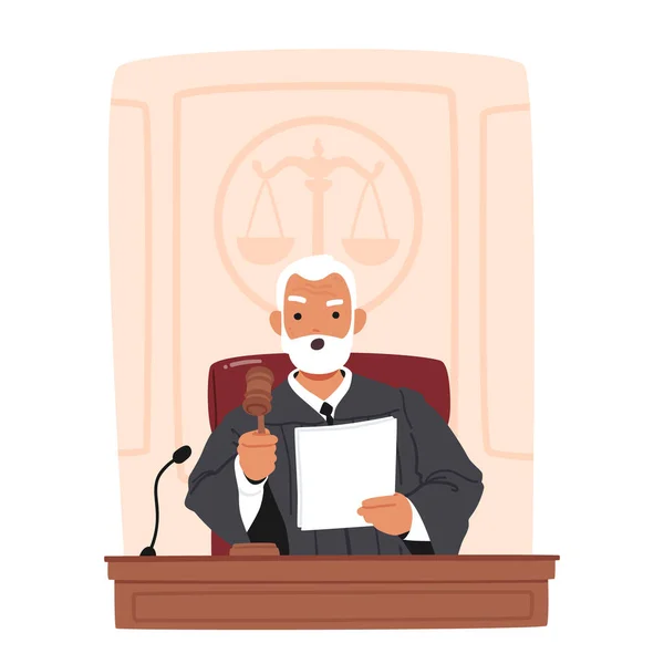 Senior Judge Character Med Gavel Sittande Vid Skrivbordet Ordförande Domstolen — Stock vektor