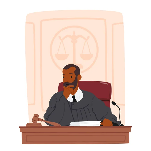 Gondolkodó Férfi Karakter Bíró Asztalnál Fontolgatja Bíróságon Figyelembe Véve Bizonyítékokat — Stock Vector