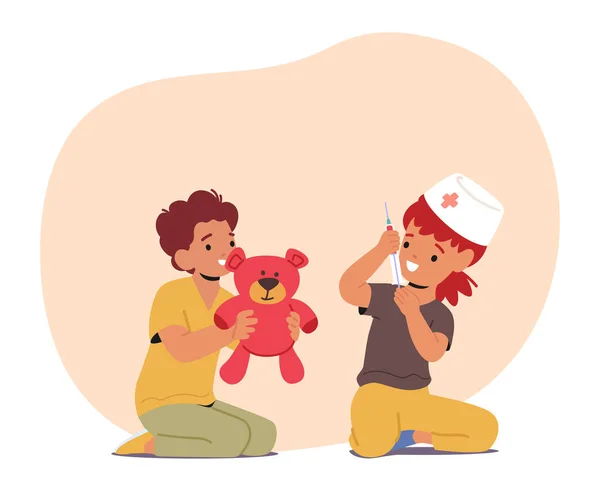 医師の遊び 患者の検査 おもちゃの医療用具の使用 共感とケアの表示 医療分野の探索に従事するロールプレイング子供キャラクター 漫画人ベクトルイラスト — ストックベクタ