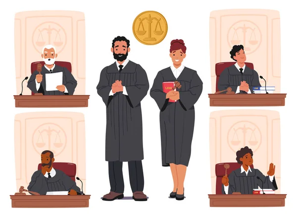 裁判官の男性と女性のキャラクター 法律を解釈し 司法を管理し 決定を下し 秩序を維持し 公平性を確保し 漫画の人々ベクトルイラスト — ストックベクタ