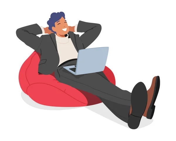 Gerenciamento Eficiente Tempo Personagem Homem Relaxado Com Laptop Organizando Tarefas — Vetor de Stock