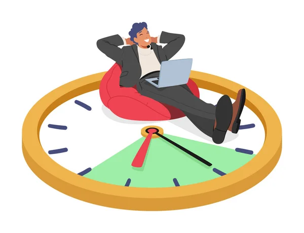 高效的时间管理向量概念 松懈的人躺在有笔记本电脑的大钟上 象征着有效的规划和组织 最大化生产力 实现生活方式的平衡 — 图库矢量图片