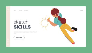 Sketch Skills İniş Sayfa Şablonu. Balmumu kalemle çizim yapan küçük kız. Zemine Yalan Söyleyen Çocuklar Manzarası. Çocuk Karakteri Parlak Güneş Boyası. Çizgi film İnsanları Vektör İllüstrasyonu