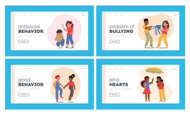 Çocuklar Davranış İniş Sayfa Şablonu Ayarları. Oyuncak Paylaşan Karakterler, Diğerlerine Yardım Etmek, Öfke Hastalıklarına Karşı Nazikçe Oynamak, Kavga Etmek, Paylaşmamak, Kurallara Uymamak. Çizgi film İnsanları Vektör İllüstrasyonu