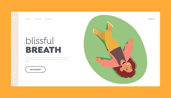Blissful Breath Landing Page Template Vista Superior Menina Descansando Prado —  Vetores de Stock