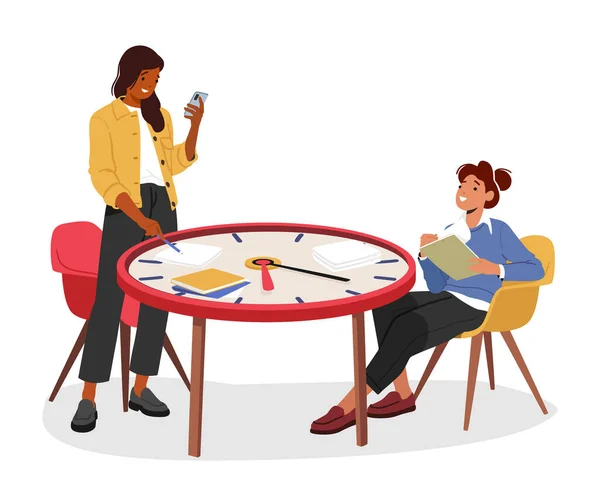 Effizientes Zeitmanagement Frauenfiguren Die Riesigen Uhrentisch Sitzen Multitasking Mit Smartphone — Stockvektor