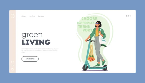 Šablona Stránky Green Living Landing Žena Přijímá Udržitelnost Ekologickou Taškou — Stockový vektor