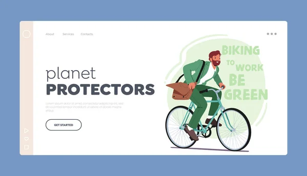 Planeta Protetores Landing Page Template Homem Ecológico Monta Uma Bicicleta — Vetor de Stock