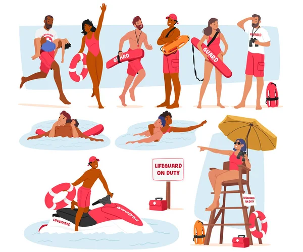 Vigilante Addestrato Attento Lifeguard Personaggi Pattugliamento Sandy Shores Garantire Sicurezza — Vettoriale Stock