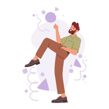 Sakallı Erkek Kıvrımlı Vücut olağanüstü bir şekle bürünüyor, dikkate değer bir esneklik ve fiziksel kontrol gösteriyor. Kolu Cebinde ve Bacağı Kalkmış Adam. Çizgi film İnsanları Vektör İllüstrasyonu